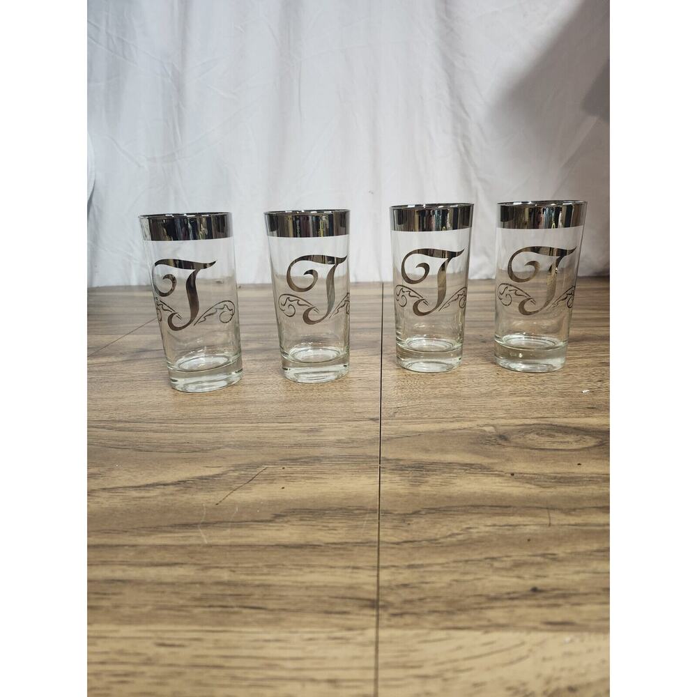4 Vintage Dorothy Thorpe Highball Monogram T Silver Rim Glasses Mid Century MCM